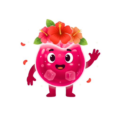 Bissap mascot - a cute pink character with flowers